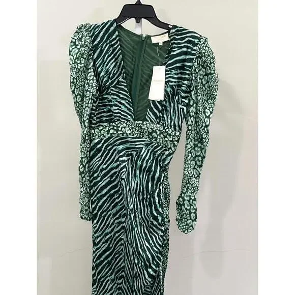 Rococo Sand Animal Print Satin Irene Gown Puff Sleeve Sheath Dress‎